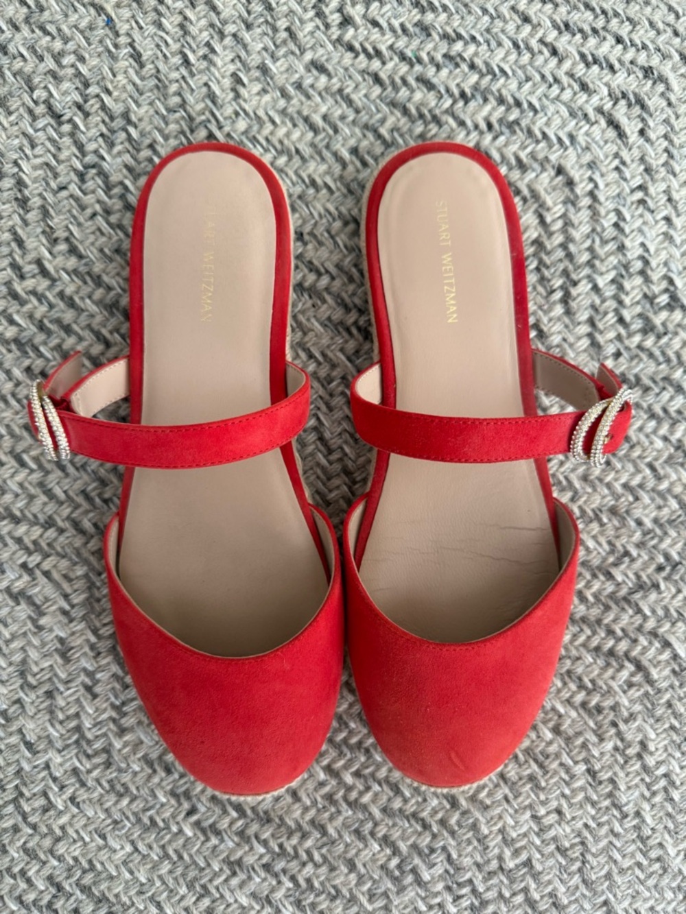 Stuart Weitzman Red Suede Crystal Buckle Espadrille Mule Size 9 - Picture 7 of 8
